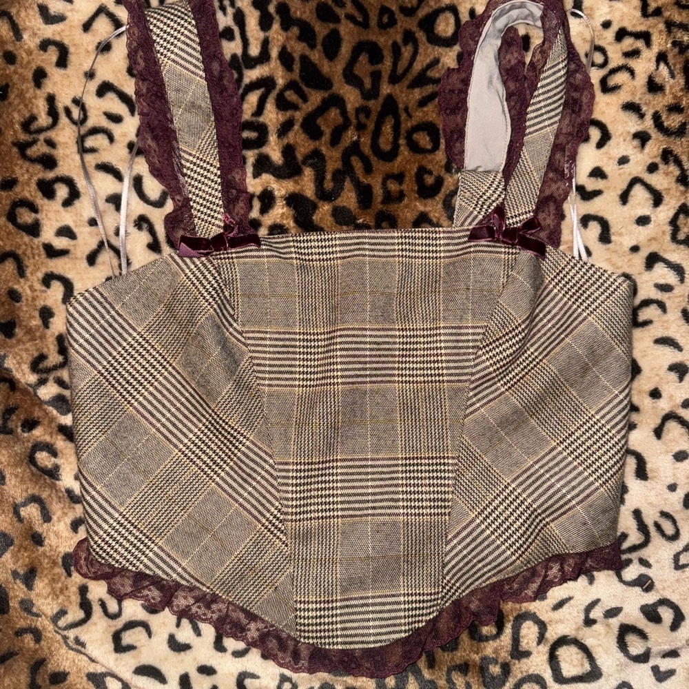 Tilly's Brown Plaid Corset with Burgundy Lace